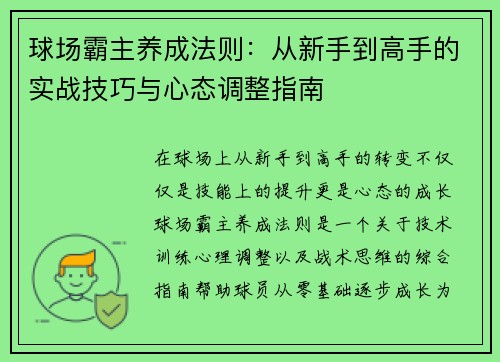 球场霸主养成法则：从新手到高手的实战技巧与心态调整指南
