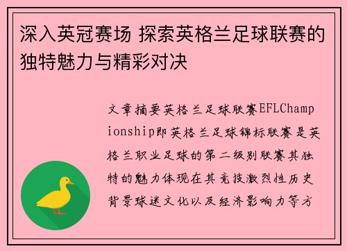 深入英冠赛场 探索英格兰足球联赛的独特魅力与精彩对决